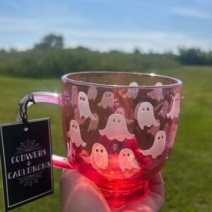 NEW Halloween Viral Pink Clear Glass Ghost Mug Rhinestones Cobwebs & Cauldron